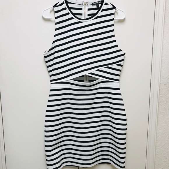 Express Womens Bodycon Black & White Dress Size 12 Stripes Midriff cut out - Picture 2 of 7